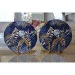 - Supla2li-8573-Gorsel2 - Realhomes Realhomes Mavi Zemin Üzerinde Gold Detaylı Yaprak Desenli Modern 2'li Yuvarlak Servis Altlığı - Supla Realhomes