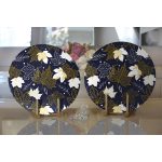 Realhomes Renkli Zemin Üzerinde Gold Detaylı Yaprak Desenli Modern 2'li Yuvarlak Servis Altlığı - Supla Realhomes