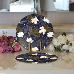 Realhomes Renkli Zemin Üzerinde Gold Detaylı Yaprak Desenli Modern 2'li Yuvarlak Servis Altlığı - Supla Realhomes