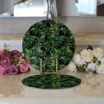 - Supla2li-8593-Gorsel3 - Realhomes Realhomes Siyah Zemin Üzerinde Yeşil Yaprak Desenli 2'li Yuvarlak Servis Altlığı - Supla Realhomes