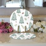 - Supla2li-8609-Gorsel3 - Realhomes  Realhomes Beyaz Zemin Üzerinde Çamağacı Desenli Dijital Baskılı Modern 2'li Yuvarlak Servis Altlığı - Supla Realhomes