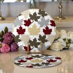 Realhomes Beyaz Zeminli Ekoseli Yaprak Desenli Dijital Baskılı Modern 2'li Yuvarlak Servis Altlığı - Supla Realhomes