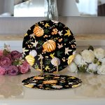 Realhomes Siyah Zeminli Bal Kabağı Desenli Dijital Baskılı Modern 2'li Yuvarlak Servis Altlığı - Supla Realhomes
