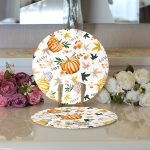 - Supla2li-8630-Gorsel3 - Realhomes  Realhomes Beyaz Zeminli Bal Kabağı Desenli Dijital Baskılı Modern 2'li Yuvarlak Servis Altlığı - Supla Realhomes