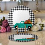 Realhomes Ekose Çerçeveli Bal Kabaklı Araba Dijital Baskılı Modern 2'li Yuvarlak Servis Altlığı - Supla Realhomes