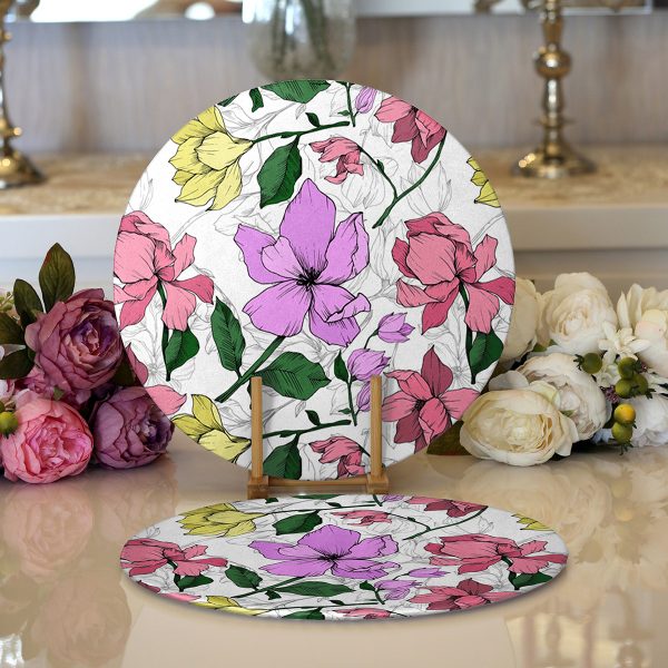 Realhomes Siyah Zeminli Geometrik Yapraklar Desenli Modern 2'li Yuvarlak Servis Altlığı - Supla Realhomes