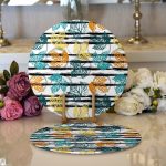 - Supla2li-8698-Gorsel1 - Realhomes Realhomes Beyaz Zemin Üzerinde Siyah Çizgili Renkli Yaprak Desenli 2'li Yuvarlak Servis Altlığı - Supla Realhomes