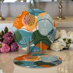 - Supla2li-8701-Gorsel1 - Realhomes  Realhomes Renkli Zemin Üzerinde Onedraw Çizimli Yaprak Desenli 2'li Yuvarlak Servis Altlığı - Supla Realhomes