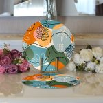 - Supla2li-8701-Gorsel3 - Realhomes  Realhomes Renkli Zemin Üzerinde Onedraw Çizimli Yaprak Desenli 2'li Yuvarlak Servis Altlığı - Supla Realhomes