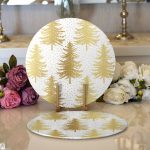 Realhomes Beyaz Zemin Üzerinde Gold Renkli Çam Ağacı Desenli Modern 2'li Yuvarlak Servis Altlığı - Supla Realhomes