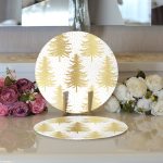 Realhomes Beyaz Zemin Üzerinde Gold Renkli Çam Ağacı Desenli Modern 2'li Yuvarlak Servis Altlığı - Supla Realhomes