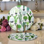 Realhomes Beyaz Zemin Üzerinde Yeşil Kaktüs Desenli 2'li Yuvarlak Servis Altlığı - Supla Realhomes