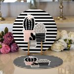 - Supla2li-8854-Gorsel1 - Realhomes Realhomes Renkli Zemin Üzerinde Siyah Çizgili Kaktüs Desenli Modern 2'li Yuvarlak Servis Altlığı - Supla Realhomes