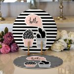 Realhomes Renkli Zemin Üzerinde Siyah Çizgili Kaktüs Desenli Modern 2'li Yuvarlak Servis Altlığı - Supla Realhomes