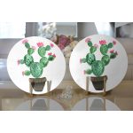Realhomes Beyaz Zemin Üzerinde Kaktüs Desenli Dijital Baskılı Modern 2'li Yuvarlak Servis Altlığı - Supla Realhomes