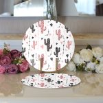 Realhomes Beyaz Zeminli Renkli Kaktüs Desenli Dijital Baskılı Modern 2'li Yuvarlak Servis Altlığı - Supla Realhomes