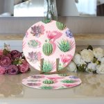 - Supla2li-8881-Gorsel3 - Realhomes Realhomes Renkli Zemin Üzerinde Kaktüs Desenli Dijital Baskılı Modern 2'li Yuvarlak Servis Altlığı - Supla Realhomes