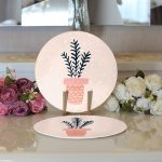 - Supla2li-8886-Gorsel3 - Realhomes  Realhomes Renkli Zemin Üzerinde Yaprak Desenli Dijital Baskılı Modern 2'li Yuvarlak Servis Altlığı - Supla Realhomes