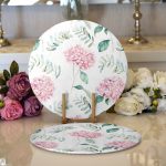 - Supla2li-8928-Gorsel1 - Realhomes Realhomes Beyaz Zeminli Yeşil Yapraklı Ortanca Çiçek Dijital Baskılı Modern 2'li Yuvarlak Servis Altlığı - Supla Realhomes