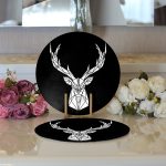 Realhomes Siyah Zeminde Mermer Motifli Geyik Tasarımlı Modern 2'li Yuvarlak Servis Altlığı - Supla Realhomes