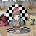 Realhomes Dama Zeminli Kahve İçen Kız Motifli Modern 2'li Yuvarlak Servis Altlığı - Supla Realhomes