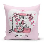 Pembe Zemin Kalpli Antika Telefon Tasarımlı Dijital Baskılı Dekoratif Yastık Kırlent Kılıfı Realhomes