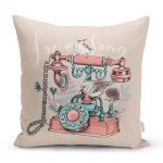 Kahve Zemin Antika Telefon Desenli  Dijital Baskılı Modern Yastık Kırlent Kılıfı Realhomes