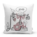 - Rh-K10005-Gorsel1 - Realhomes Beyaz Zemin Antika Telefon Çizimli Dijital Baskılı Dekoratif Yastık Kırlent Kılıfı Realhomes