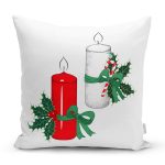 - Rh-K10028-Gorsel1 - Realhomes  Beyaz & Kırmızı Kurdaleli Mum Motifli Dijital Baskılı Dekoratif Yastık Kırlent Kılıfı Realhomes