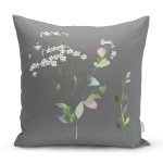 Gri Zeminli Çiçek Tasarımlı Dijital Baskılı Dekoratif Yastık Kırlent Kılıfı Realhomes