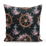 Siyah Zemin Çapa & Dümen Tasarımlı Dijital Baskılı Modern Yastık Kırlent Kılıfı Realhomes