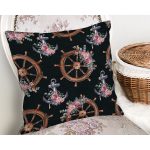 Siyah Zemin Çapa & Dümen Tasarımlı Dijital Baskılı Modern Yastık Kırlent Kılıfı Realhomes