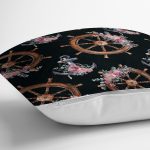 Siyah Zemin Çapa & Dümen Tasarımlı Dijital Baskılı Modern Yastık Kırlent Kılıfı Realhomes