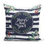 Lacivert Çizgili Happy New Year Motifli Dijital Baskılı Modern Yastık Kırlent Kılıfı Realhomes