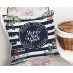 Lacivert Çizgili Happy New Year Motifli Dijital Baskılı Modern Yastık Kırlent Kılıfı Realhomes