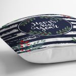 Lacivert Çizgili Happy New Year Motifli Dijital Baskılı Modern Yastık Kırlent Kılıfı Realhomes