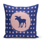 - Rh-K10109-Gorsel1 - Realhomes  Lacivert Zemin Geyik Tasarımlı Dijital Baskılı Dekoratif Yastık Kırlent Kılıfı Realhomes