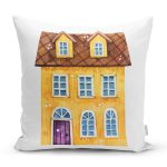 - Rh-K10113-Gorsel1 - Realhomes  Minyatür Sarı Ev Çizimli Dijital Baskılı Dekoratif Yastık Kırlent Kılıfı Realhomes
