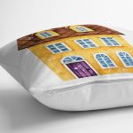 - Rh-K10113-Gorsel3 - Realhomes  Minyatür Sarı Ev Çizimli Dijital Baskılı Dekoratif Yastık Kırlent Kılıfı Realhomes