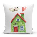 - Rh-K10114-Gorsel1 - Realhomes Minyatür Yeşil Ev Çizimli Dijital Baskılı Modern Yastık Kırlent Kılıfı Realhomes