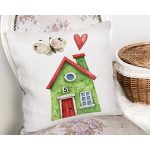 - Rh-K10114-Gorsel2 - Realhomes Minyatür Yeşil Ev Çizimli Dijital Baskılı Modern Yastık Kırlent Kılıfı Realhomes