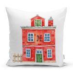 - Rh-K10115-Gorsel1 - Realhomes  Minyatür Kırmızı Ev Çizimli Dijital Baskılı Dekoratif Yastık Kırlent Kılıfı Realhomes