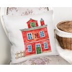 - Rh-K10115-Gorsel2 - Realhomes  Minyatür Kırmızı Ev Çizimli Dijital Baskılı Dekoratif Yastık Kırlent Kılıfı Realhomes
