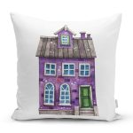 - Rh-K10116-Gorsel1 - Realhomes Minyatür Mor Ev Çizimli Dijital Baskılı Modern Yastık Kırlent Kılıfı Realhomes