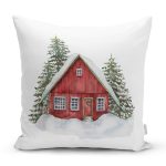 - Rh-K10120-Gorsel1 - Realhomes  Karlı Ev & Çam Ağacı Tasarımlı Dijital Baskılı Modern Yastık Kırlent Kılıfı Realhomes