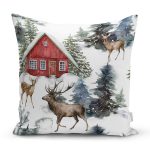 - Rh-K10121-Gorsel1 - Realhomes  Kar Zeminli Geyik & Çam Ağacı Tasarımlı Dijital Baskılı Dekoratif Yastık Kırlent Kılıfı Realhomes