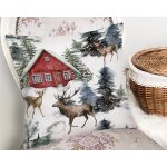 - Rh-K10121-Gorsel2 - Realhomes  Kar Zeminli Geyik & Çam Ağacı Tasarımlı Dijital Baskılı Dekoratif Yastık Kırlent Kılıfı Realhomes