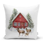 - Rh-K10122-Gorsel1 - Realhomes  Kış Temalı Geyik ve Bağ Evi Motifli Dijital Baskılı Modern Yastık Kırlent Kılıfı Realhomes