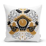 - Rh-K10135-Gorsel1 - Realhomes  Çini Çizimli Guguklu Saat Motifli Dijital Baskılı Dekoratif Yastık Kırlent Kılıfı Realhomes