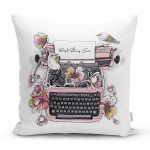 Pembe Antika Daktilo Çizimli Dijital Baskılı Dekoratif Yastık Kırlent Kılıfı Realhomes